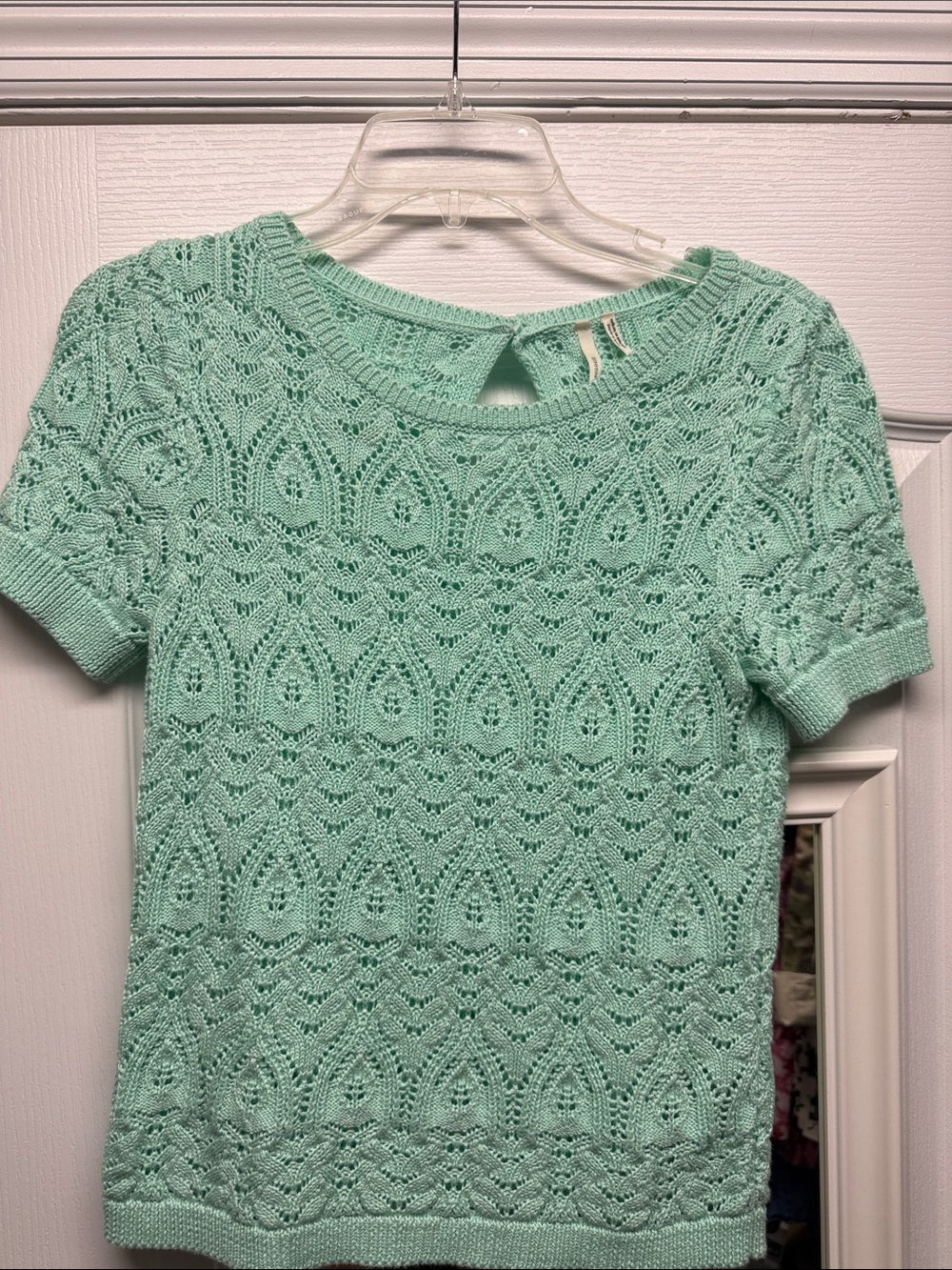 Anthropologie Mint Green Openwork Short-Sleeve Knit Top
